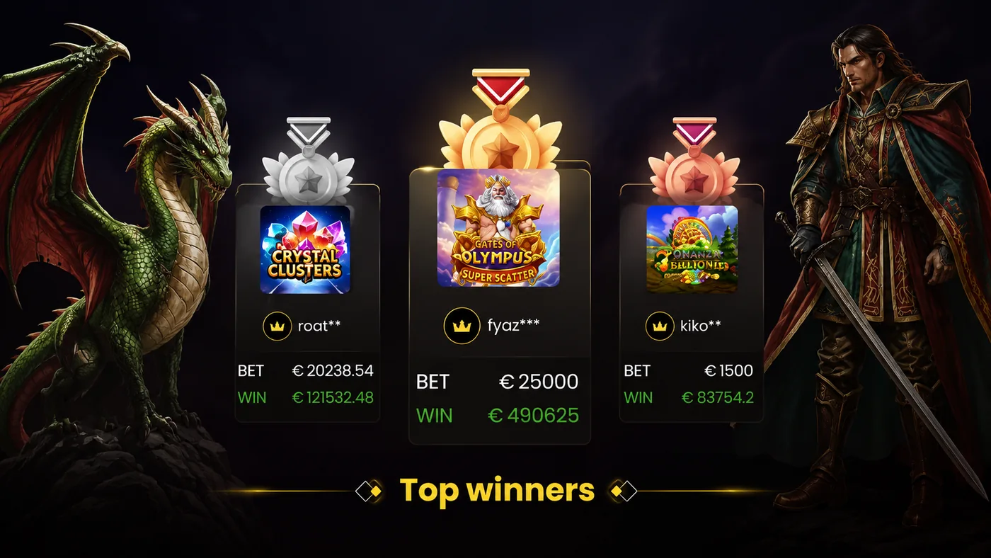 Dragon Slots Casino top winners showcase with recent big-win payouts
